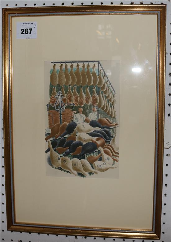 After Eric Ravilious , coloured print, The Butchers Shop(-)